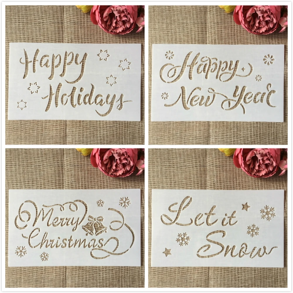 4Pcs 30*17cm Happy Holidays New Year Christmas Words DIY Layering Stencils Painting Scrapbook Coloring Emboss Decor Template