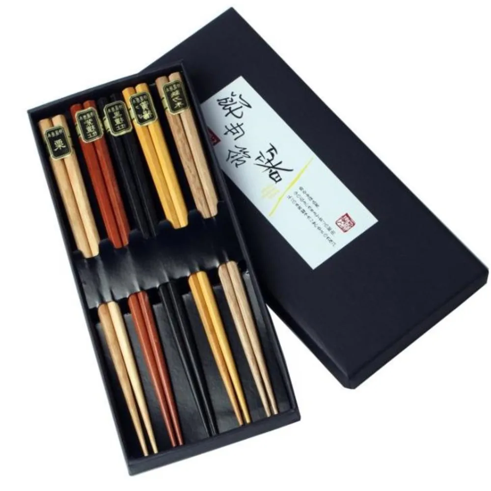 

5pair/set (50SET) Chinese Wooden Chopsticks Tableware Anti-skid Household Wooden Set Chopsticks Holder Cutlery Gift Box