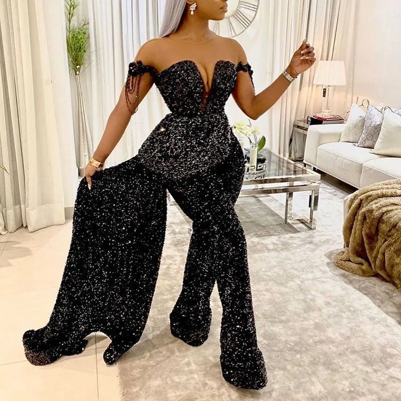 

2022 Europe & America fashion new style women's sexy contracted V neck show dew back party jumpsuit