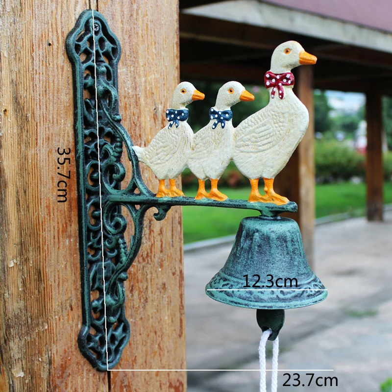 Antique Green White Duck Cast Iron Wall Bell Mother Sons Home Garden Paint Colored Double-Sided Hand Cranking Welcome Door Ring