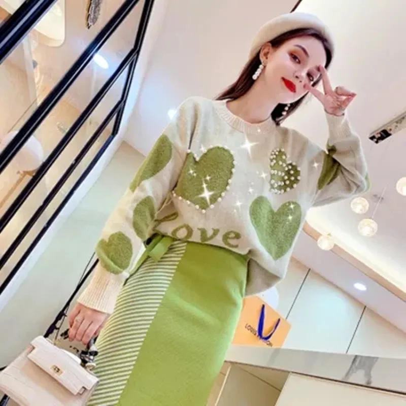 2021 Autumn Winter Fashion Knitted 2 Piece Set Women Beaded Love Loose Pullover Sweater + Irregular Skirts Suit