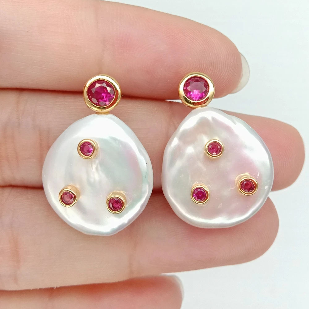 Freshwater Cultured White Coin Pearl Muti Color Cz pave Stud Earrings for Woman