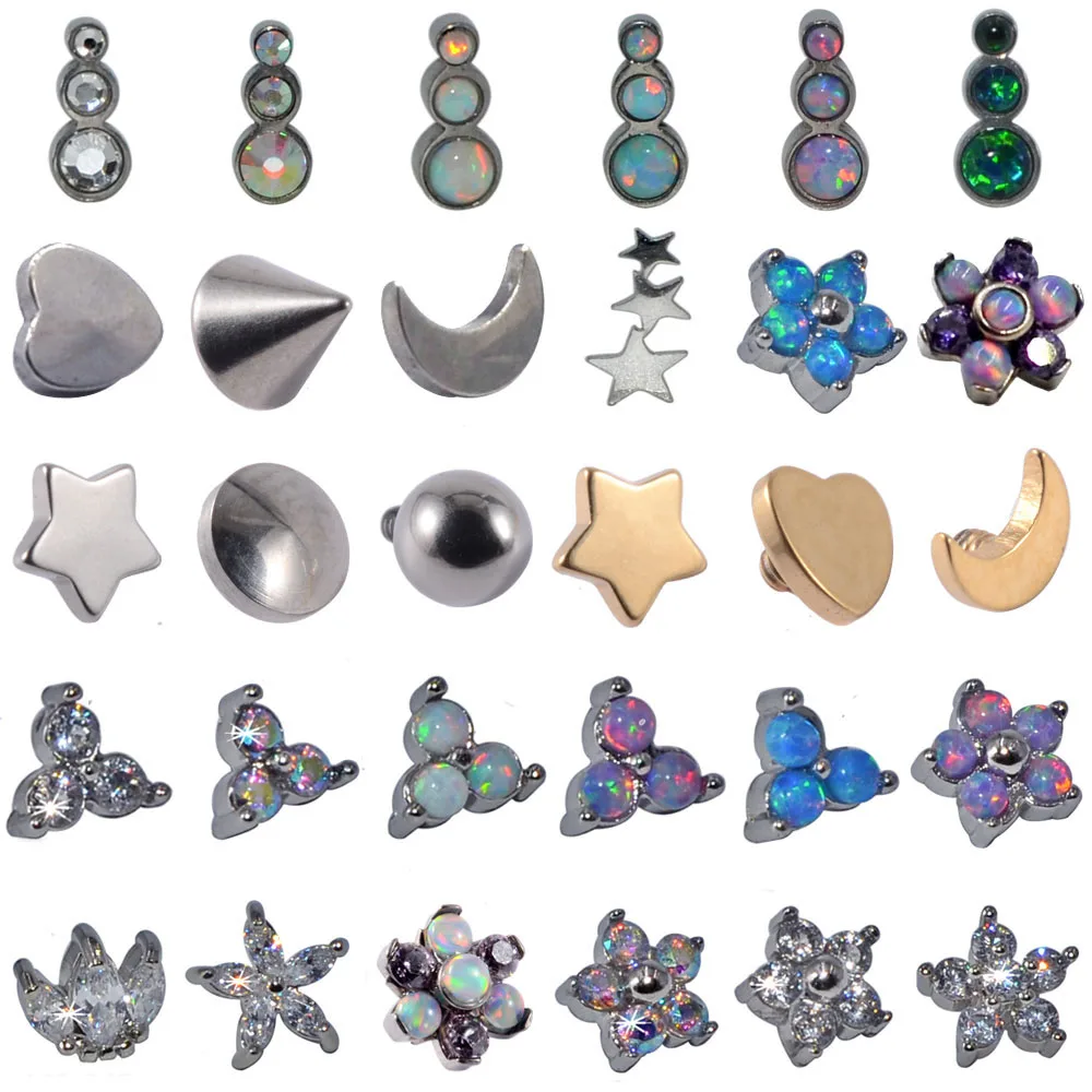 1 PC Surgical Steel Flower Dermal Anchor Top Opal Micro Dermal Anchor Moon Heart Piercings Skin Diver Piercing Body Jewelry 16g