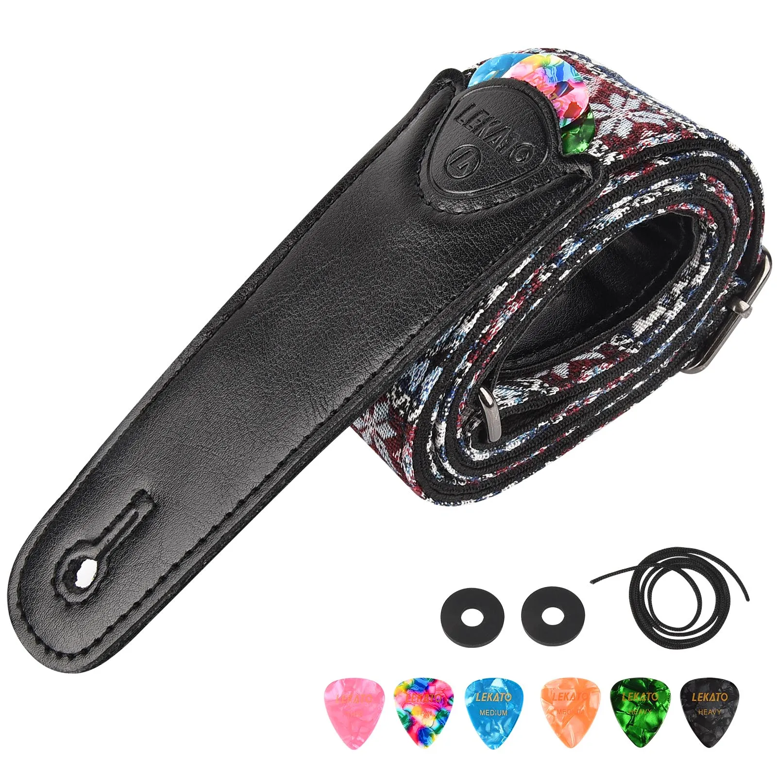 LEKATO Guitar Strap Acoustic Electric Bass Strap Guitar Belt Guitar parts with 6 Picks Acoustic Guitar Bass Strap Holder Belt