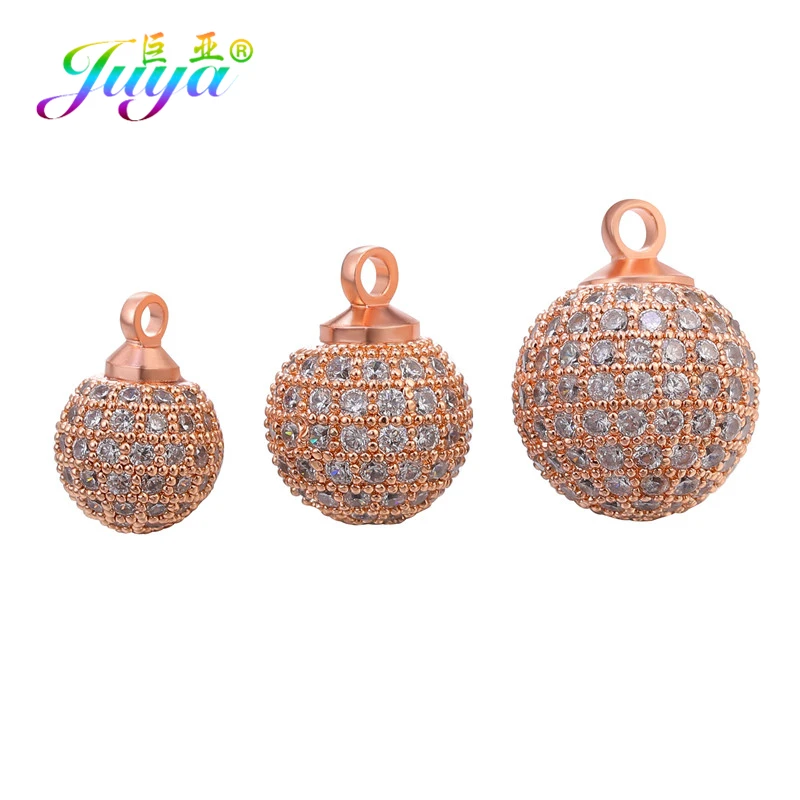 Juya 4pcs/Lot Wholesale 8 10 12mm Cubic Zirconia Metal Ball Bead Charms Pendant For DIY Bracelet Earring Jewelry Making Findings