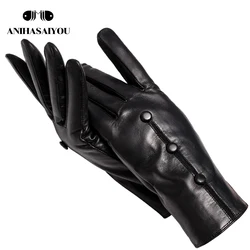 Gants en cuir de mouton pour femmes, gants en cuir de haute qualité pour femmes, mitaines pour garder au chaud pour l'hiver, gants noirs pour femmes-0719