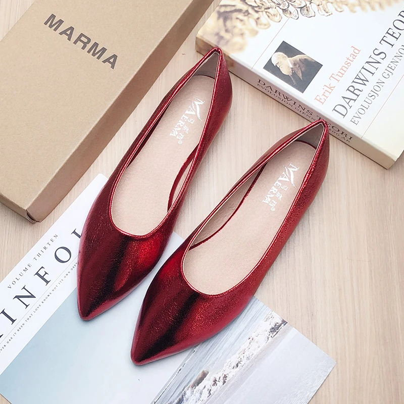 Women Flats Women\'s Pointed Toe Shallow Mouth Wedding Bridal Shoes Red Wedding Shoes Rose Red Black Ballet Flats for Ladies