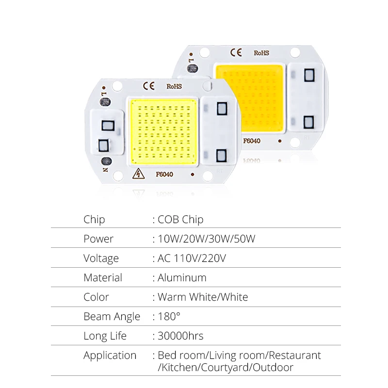 3pcs Real Power 220V 110V COB LED Chip 50W 30W 20W Smart IC COB Diode LED Beads DIY Spotlight Floodlight F6040 Not Need Driver