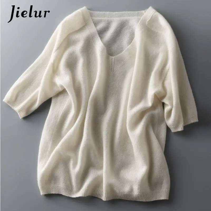 Jielur Solid Colour Knitted Women\'s Sweater Short-Sleeved Ladies V-Neck Cotton Pullover Korean Bottoming Shirt Sweater Summer