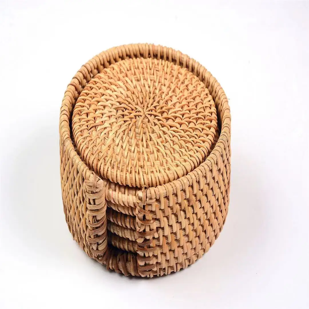 Natural Cup Mat With Storage Box Hand Woven Placemat Braided Mat Heat Resistant Natural Rattan Hot Insulation Anti-Skidding Pad