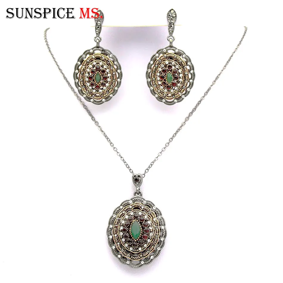 SUNSPICE-MS Retro Vintage Turkish Round Drop Earring Necklace Sets For Women Arabic Ethnic Wedding Jewelry with Rhinestone