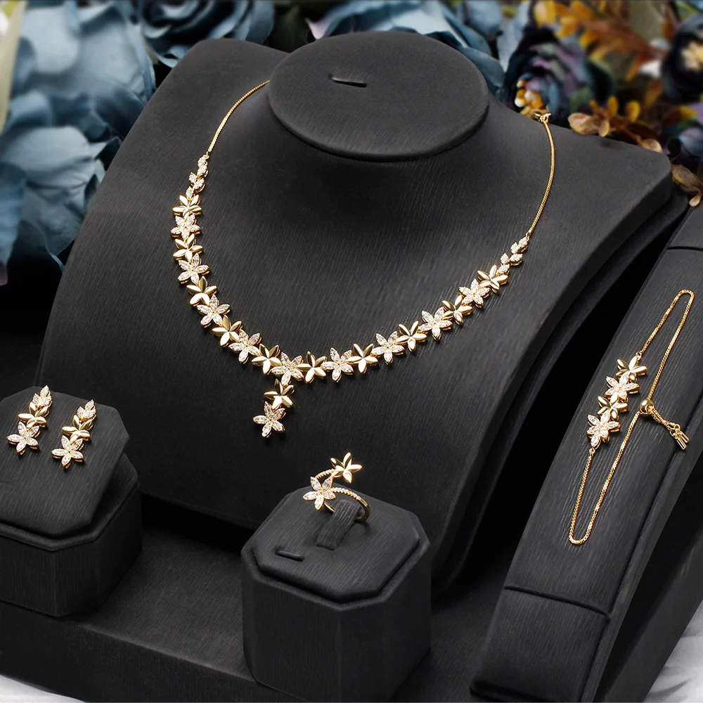 

Bride talks about new style gold set AAA cubic Zirconia 4 piece necklace earrings bracelet ring