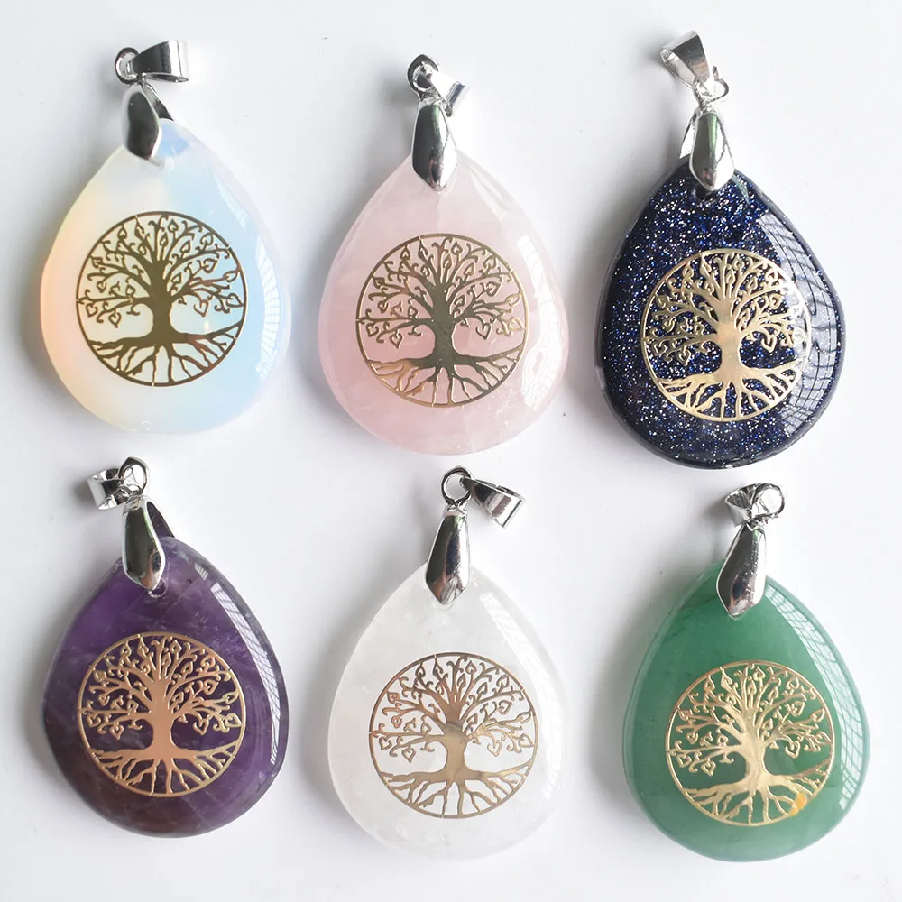 wholesale 6/lot Tree of life necklace pendant natural crystal chakra therapy meditation jewelry gift to women free shipping