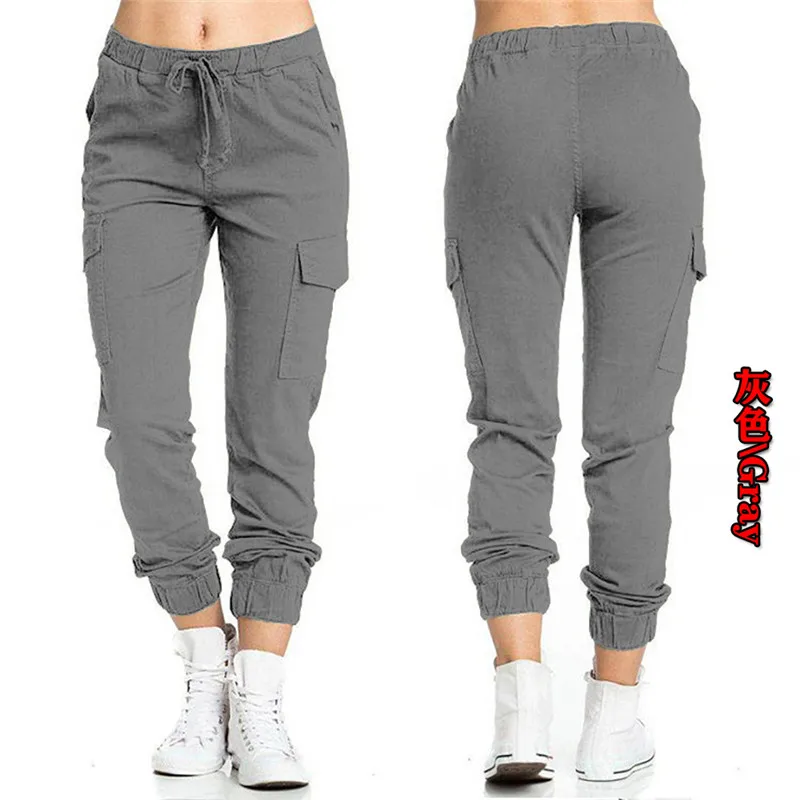 2024 New Solid Jogger Women\'s Cargo Pants Multi-Pocket Drawstring Elastic Waist Women Sports Pants Streetwear Casual Long Pant