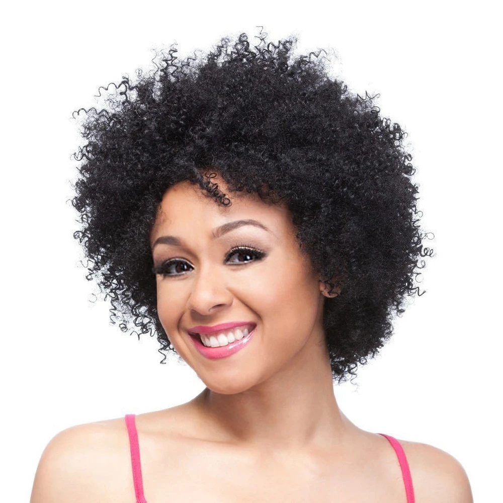 

Afro Kinky Curly Wig Human Hair Wig 150% Density Scalp Top Wig Silk Top Full Machine Made Wig with Bangs Skin Base Natural Black