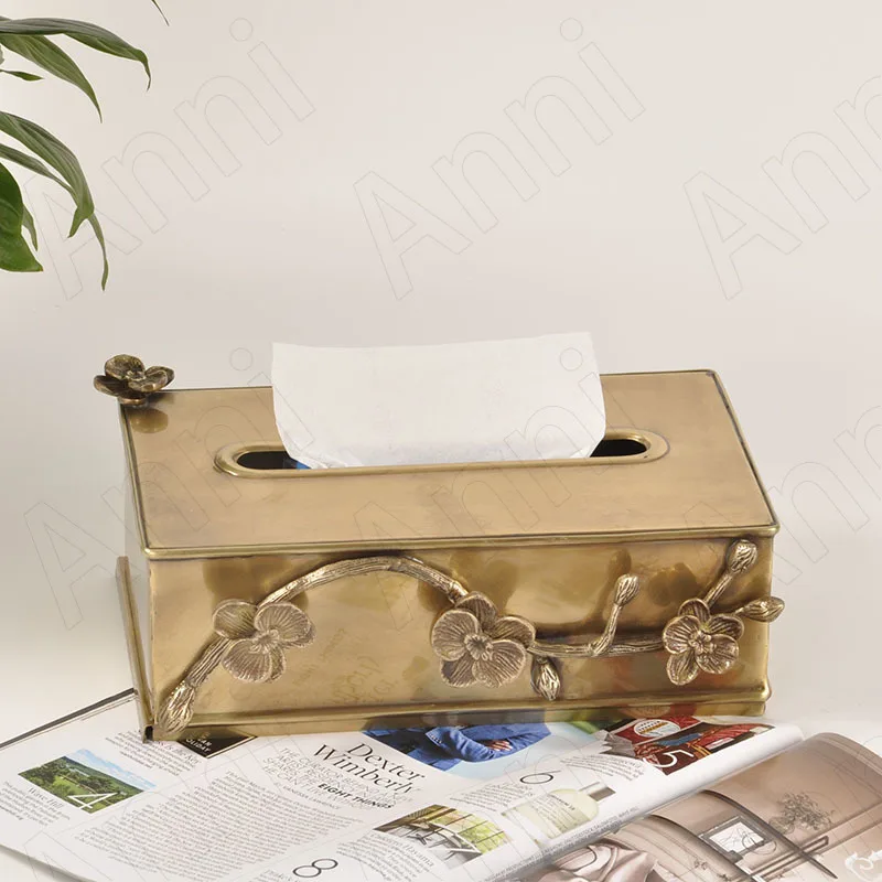 

Creativity Brass Plum Tissue Boxes European Modern Relief Craft Golden Metal Handwork Paper Towel Organization Home Decoration