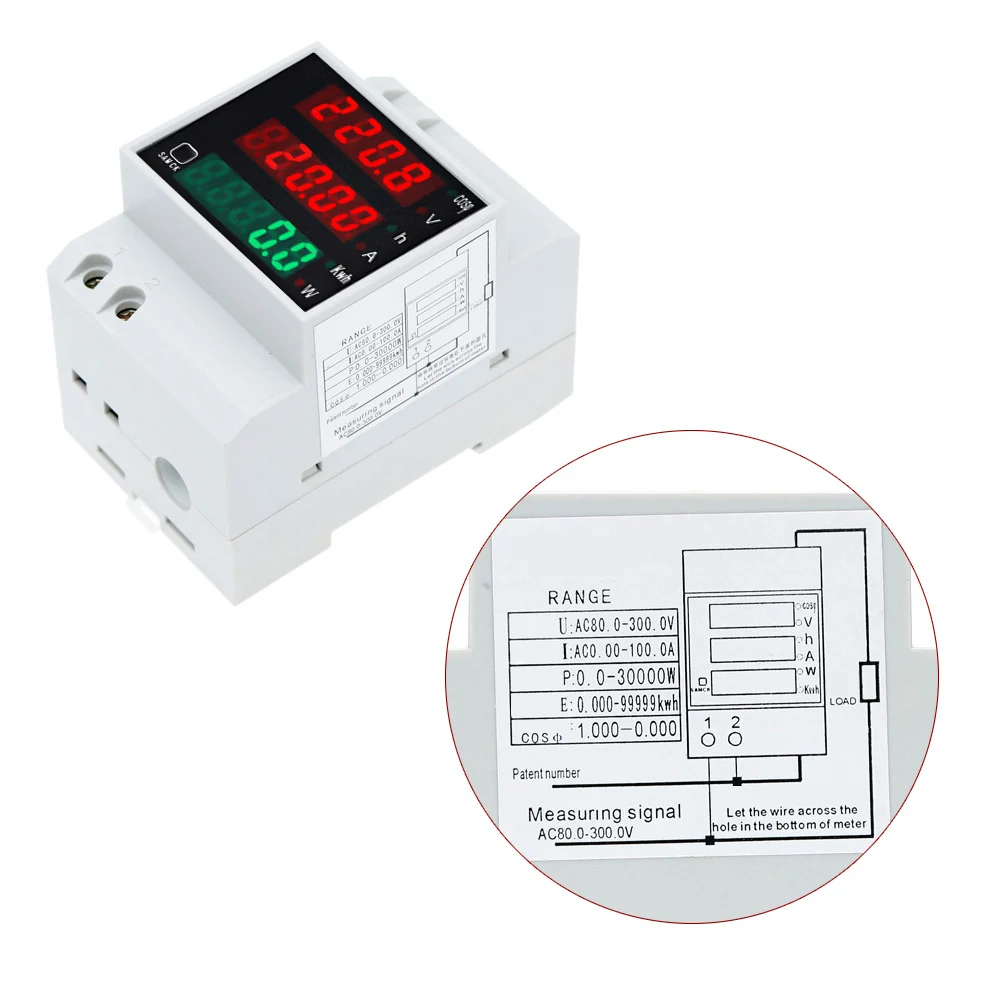 AC80-300V 100A Multi-functional Digital Din Rail Current Voltage Power Factor Meter Ammeter Voltmeter