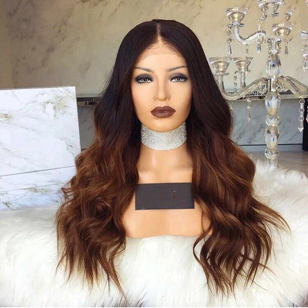 

DLME Ombre Brown Wig Dark Roots Glueless Lace Front Wig With Baby Hair Heat Resistant Hair 24Inch Synthetic Wigs For Black Women