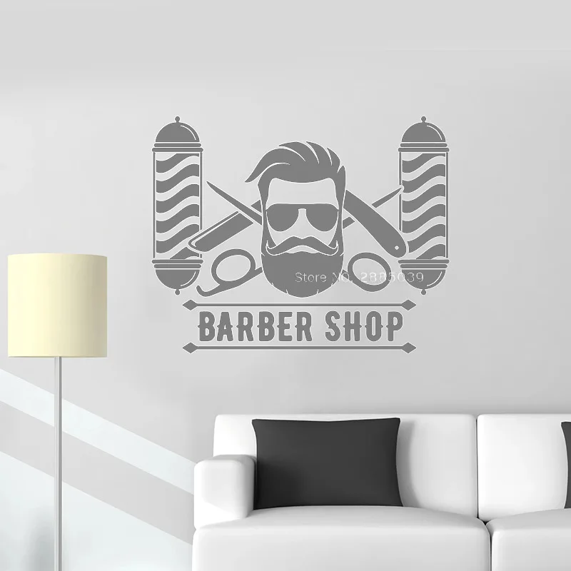 105*84CM Gentlemen's Barber Shop Vinyl Wall Decal Tools Moustache Haircut Shaves Logo Sticker Mural Shopwindow Wall Decor LC1533