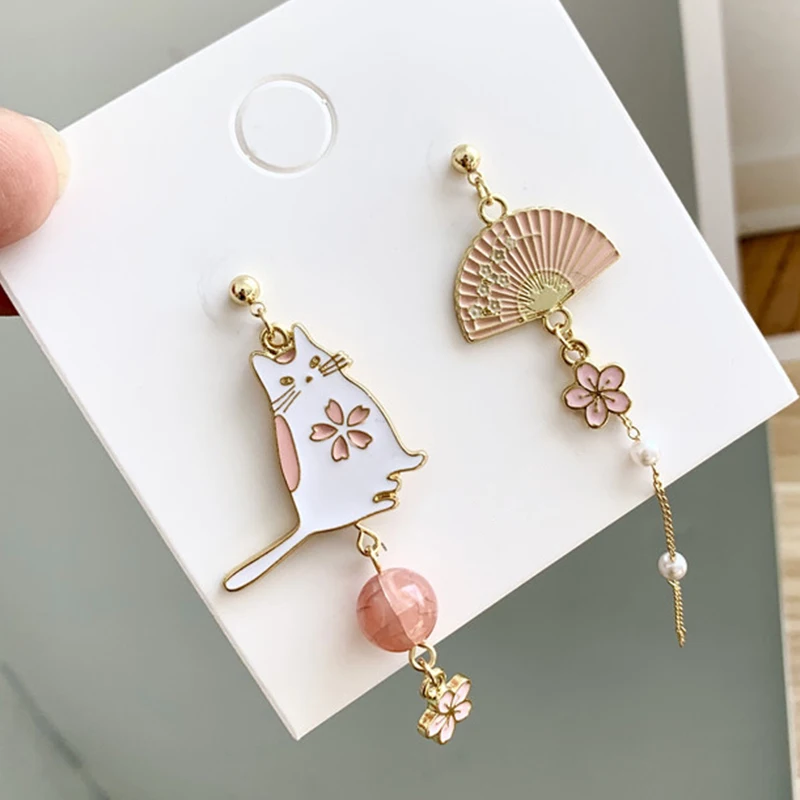 Chinese Style Asymmetric Cute Animal Cat Rabbit Drop Earrings For Women Folding Fan Modeling Crane Dangle Earrings Jewelry