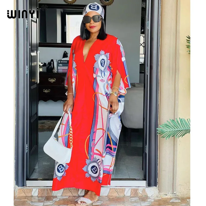 2021 Europe Women Letter Print Sexy V-Neck Thigh African Maxi Dress Long Sleeve Elegant Boho Beach Dress Casual Long Dresses