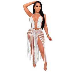 JRRY Casual Women Knitted Set Halter Backless Crop Top Long Tassels Briefs Crocheted 2 Pieces Set Hollow Out Crochet Beach Wear