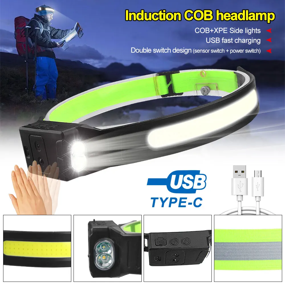 

Waterproof 3 Lights Colors COB+XPE Sensor Headlight Type-C USB Rechargeable Headlamp Built-in Battery Lamp 6 Light Modes Torch