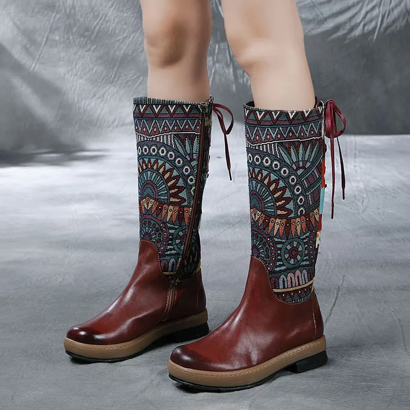 Ladies Tall Boots Women Round Toe Winter Embroidered Lace Up Genuine Leather Boots