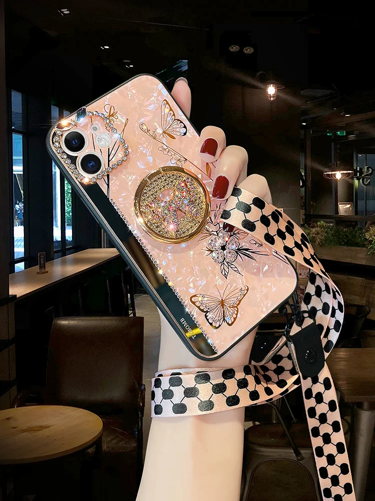 فاخر بريق الماس فراشة حامل قضية الهاتف ، الحبل بلينغ غطاء آيفون 15 ، 14 ، 13 ، 12 ، 11 برو ماكس ، X ، XR ، XS ، 7 ، 8 Plus