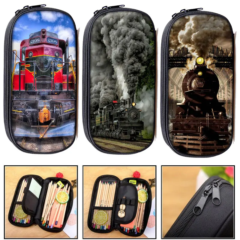 Steam Locomotive Train plane print kids pencil bag children school case boys girls stationary bags pencil box woman Cosmetic bag