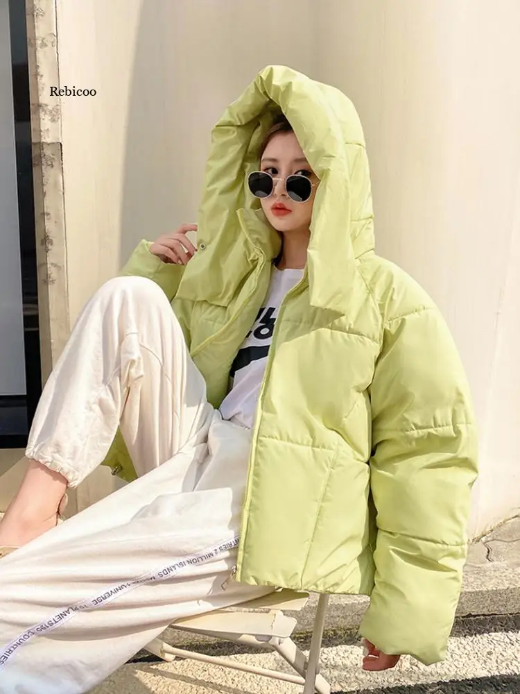 Winter Women Solid Thick Warm Oversize Parkas Loose Down Jacket Female Korean Elegant Hooded Cotton Jacket Winter Coats