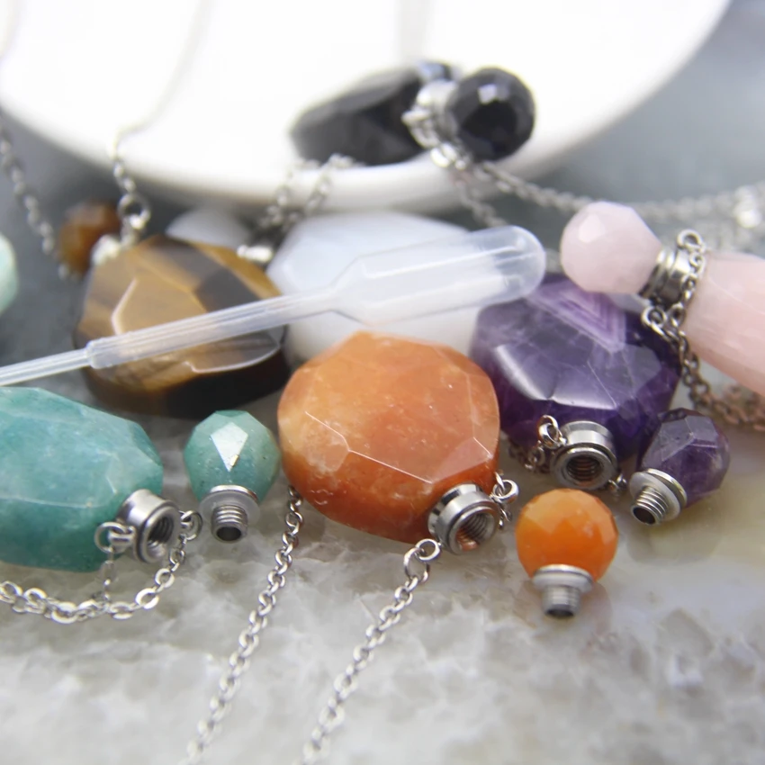 Plated Silvery Necklaces Faceted Gems Stone Perfume Bottle Pendant,Amethysts Amazonite Quartz Essential Oil Diffuser Vial Charms