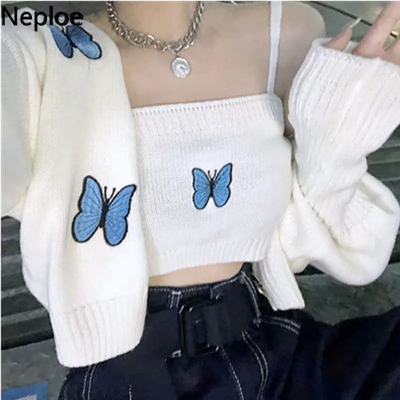 Neploe Women Cardigan Embroidery Cropped Sweaters Two-piece Sets Korean Y2K Sweater Knit Suit Fashion Harajuku Kimono Cardigans