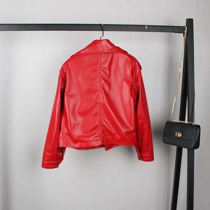 Quality High Women Natural Sheepskin Loose Fit Coat High Street Moto Biker Genuine Leather Jacket Female Streetwear Tops Outwear