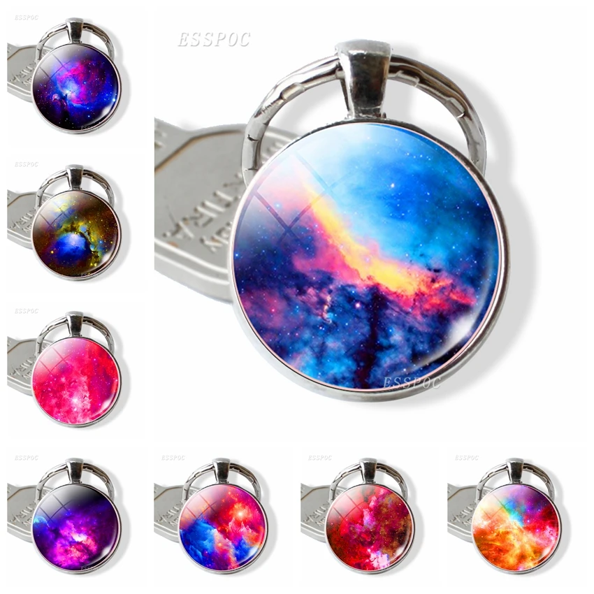 Starry Sky Galaxy Theme Keychain Colorful Nebula Milky Way Universe Cabochon Glass Pendants Keyring Jewelry Key Rings Gifts