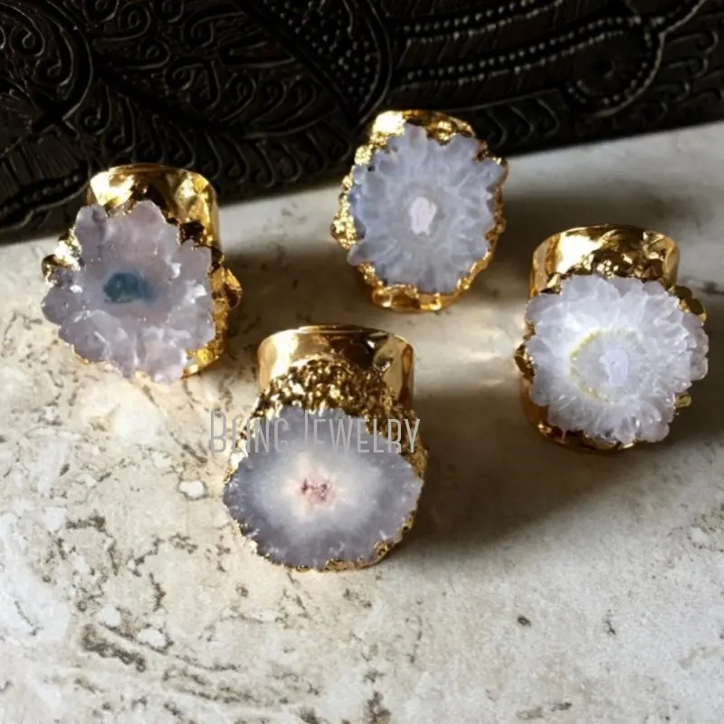 Solar Raw Adjustable Crystal Druzy Cigar Stone Cuff  Quartz Ring RM38714