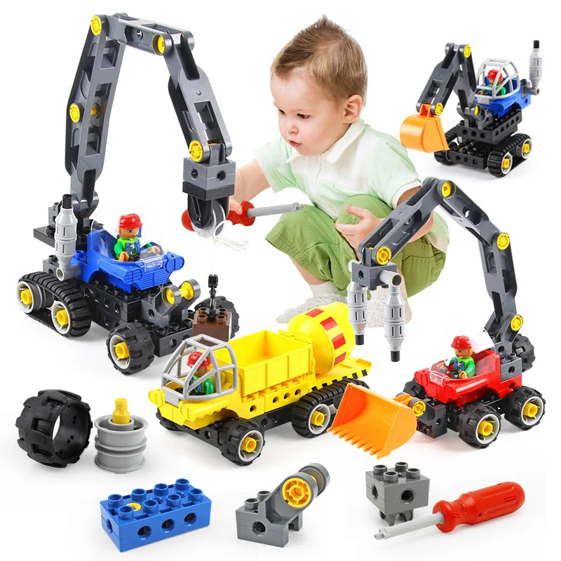 Engineering vehicle excavating and pushing Machinery Group large Particle Building Block screw assembling Educational Toys