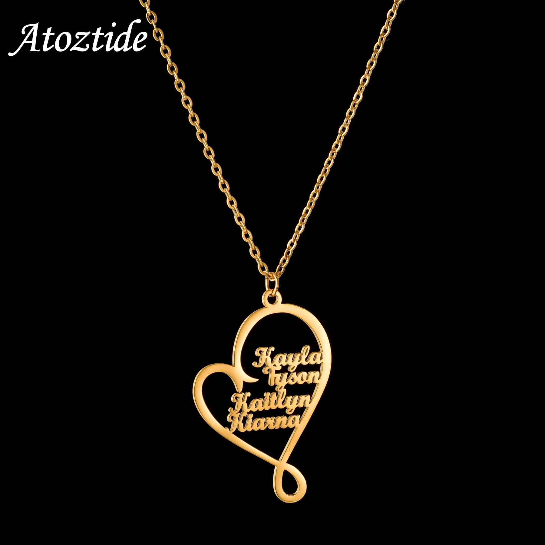 Atoztide Personalized Custom Names Necklace Heart Pendant Chain Stainless Steel Family Link Letter for Women Christmas Gift