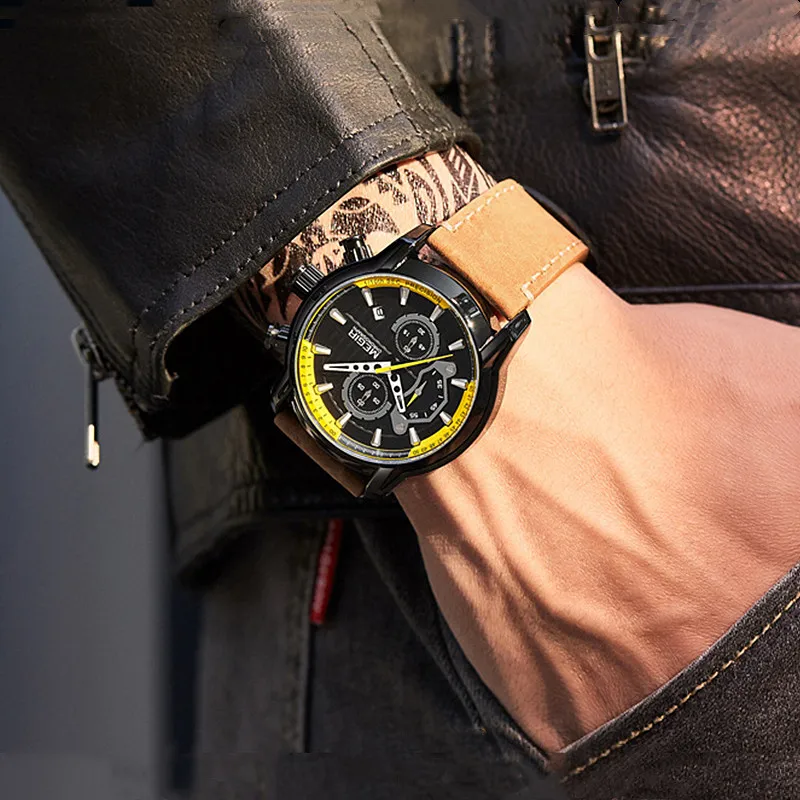 

2021 Military Watch Men Genuine Leather Strap Waterproof Quartz Watch Chronograph Calendar Men's Fashion Sports Watches Gifts