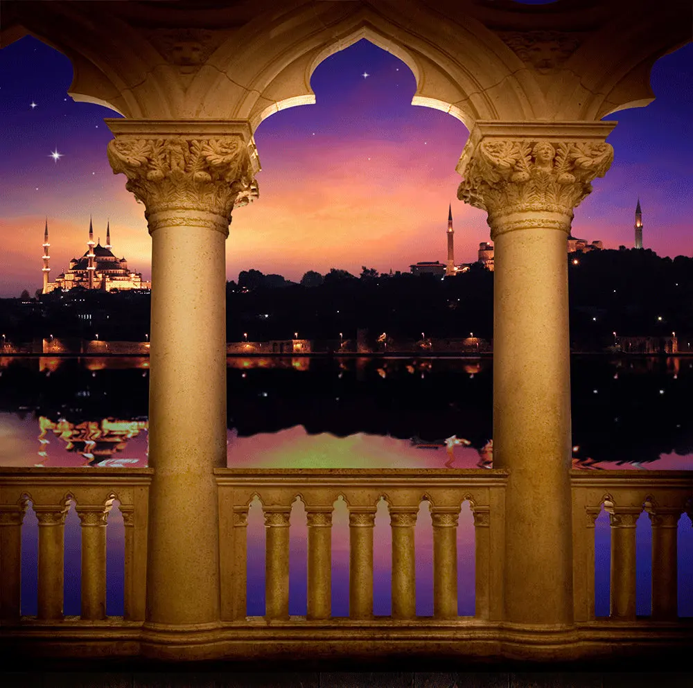 Arabian Nights Portico Moroccan Balcony Column Arab City River background Vinyl cloth  Computer print party backdrops