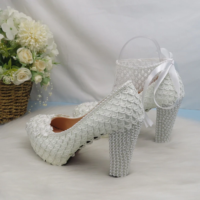 2021 new ladies bridal wedding shoes lace wristband fashion small flower female high heels high heels white lace party dress sho