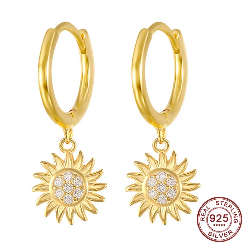 

New 925 Sterling Silver Sunflower Drop Earrings with CZ Stones Hypoallergenic Earrings Creative Fashion Flower Jewelry for Women