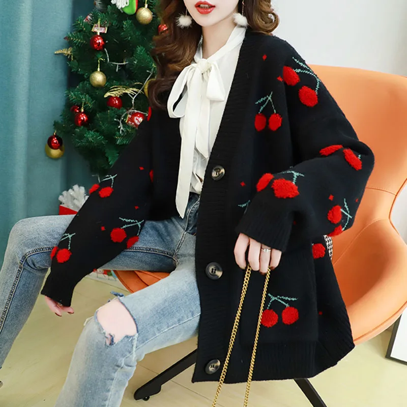 Women Sweater Cardigan Jacket Winter Loose Warm Knitwear Fruit Cherry Embroidery Knitted Cardigan Autumn 2024 V Neck Casual