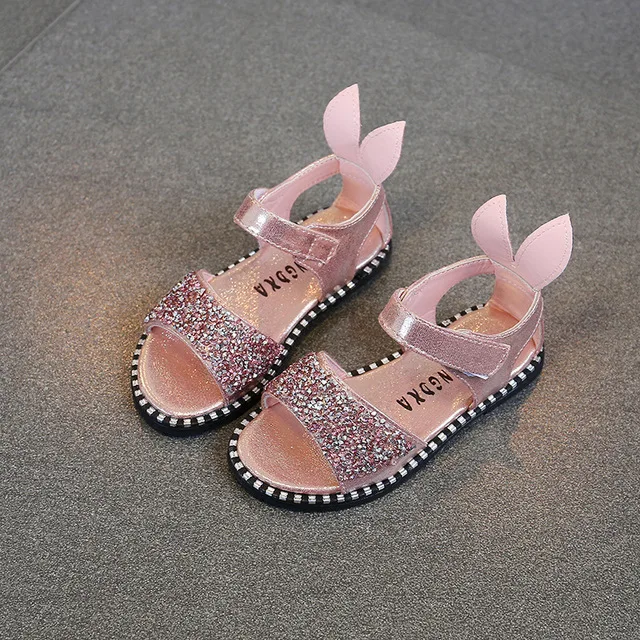 Fashion Kids Sandals For Toddlers Girls Big Children Bling Rhinestone Shiny With Rabbit Ear Soft Princess Sweet Beach Shoes Cute