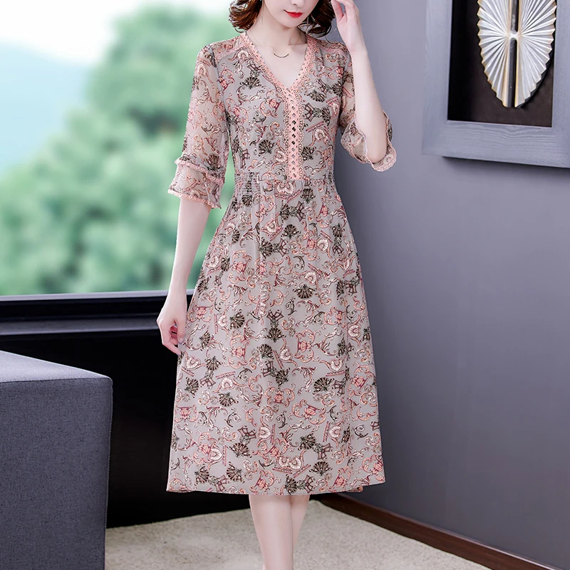 2021 Summer Fashion Runway Dress Women's Flared Sleeve Floral Print Vintage Elegant Party Silk Dress