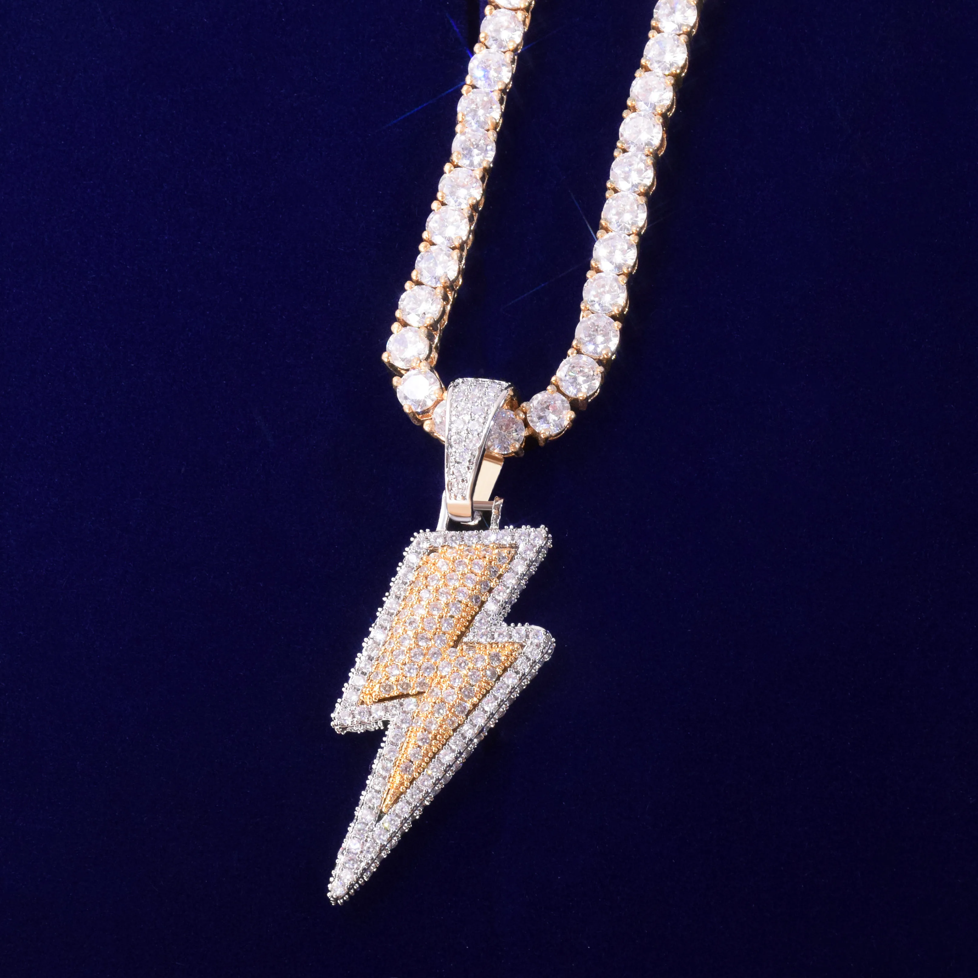 Lightning Shape Pendant Necklace Bling Cubic Zircon Men\'s Hip Hop Rock Jewelry