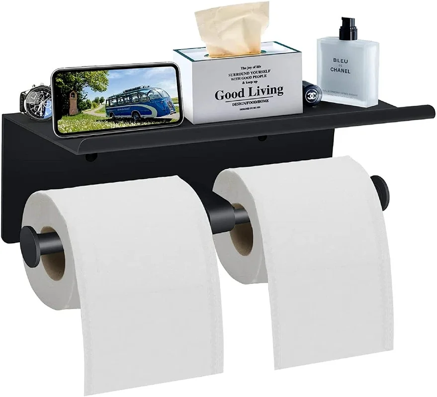 

Toilet Paper Holder With Shelf , Wall Mounted Toilet Paper Storage , Double Roll Tissue Holder Bathroom Toilet Paper Holder