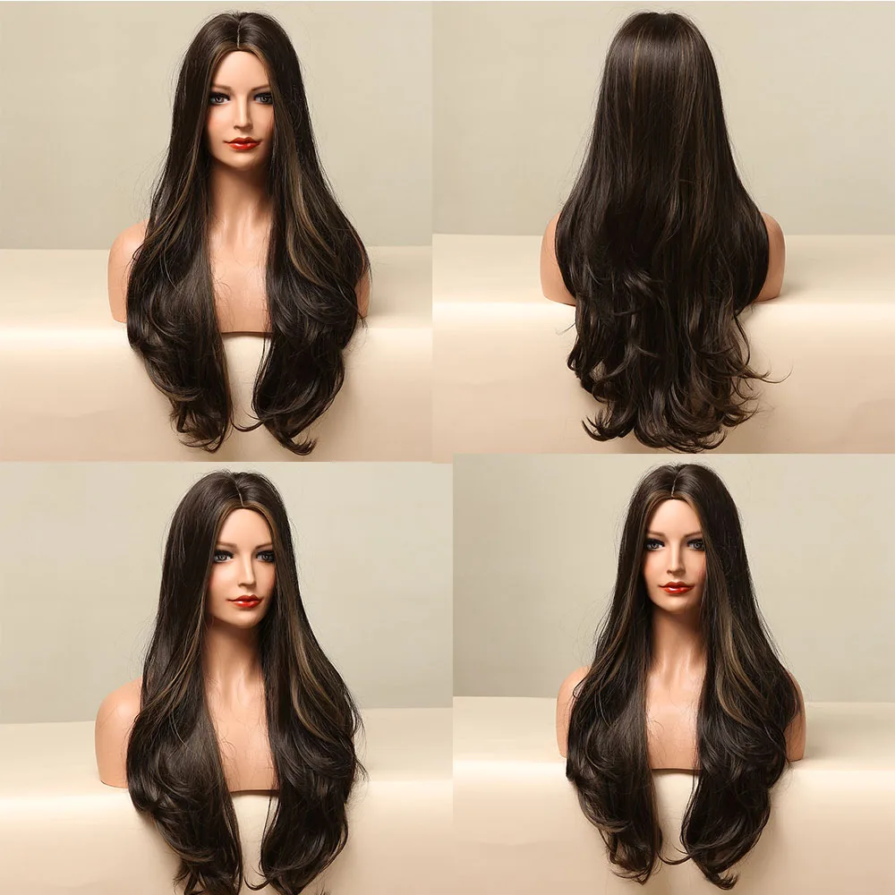 HENRY MARGU Long Black Brown Body Wave Synthetic Wigs Heat Resistant Natural Cosplay Wigs for Women Middle Part Hair Wigs