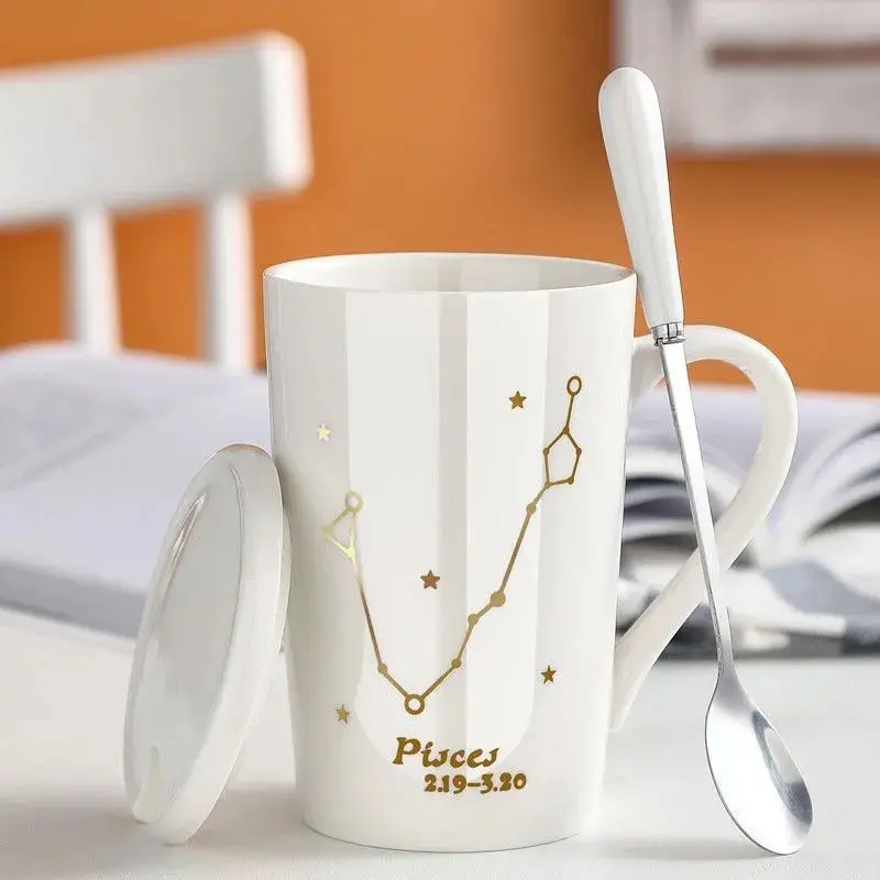 With Gift Box 12 Constellations Creative Ceramics Mugs with Spoon Lid White Porcelain Zodiac Milk Coffee Cup 400ML Water 1 set