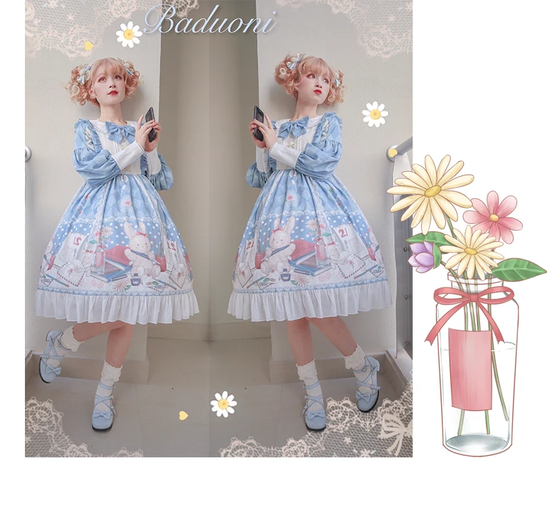 Robe princesse lolita Vintage pour filles, col rond, imprimé avec nœud papillon, taille haute, style victorien, kawaii, gothique